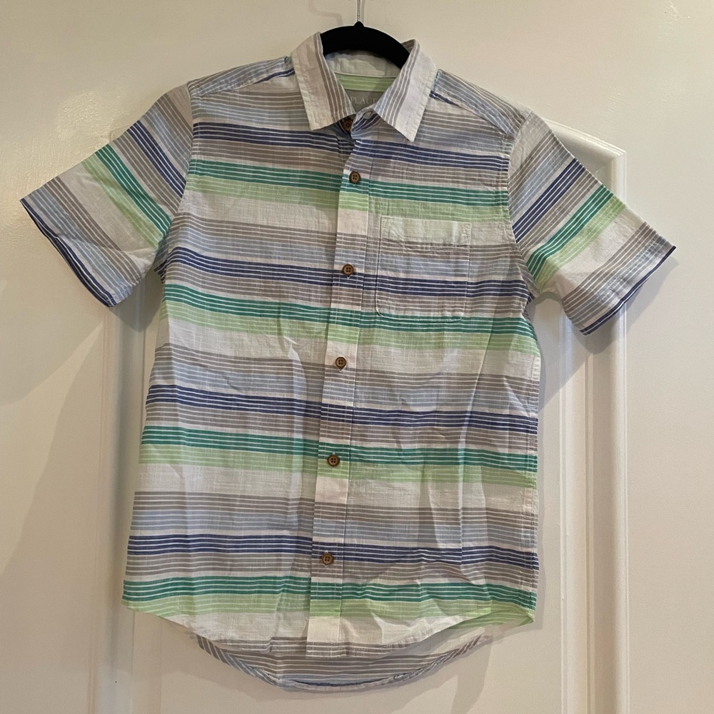 The Children’s Place Boy’s short sleeved striped cotton shirt size 10-12 NWT